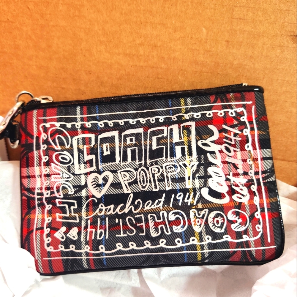 Coach Poppy Red Black Silver Glitter Tartan Plaid Zip Wristlet Patent Trim. Used